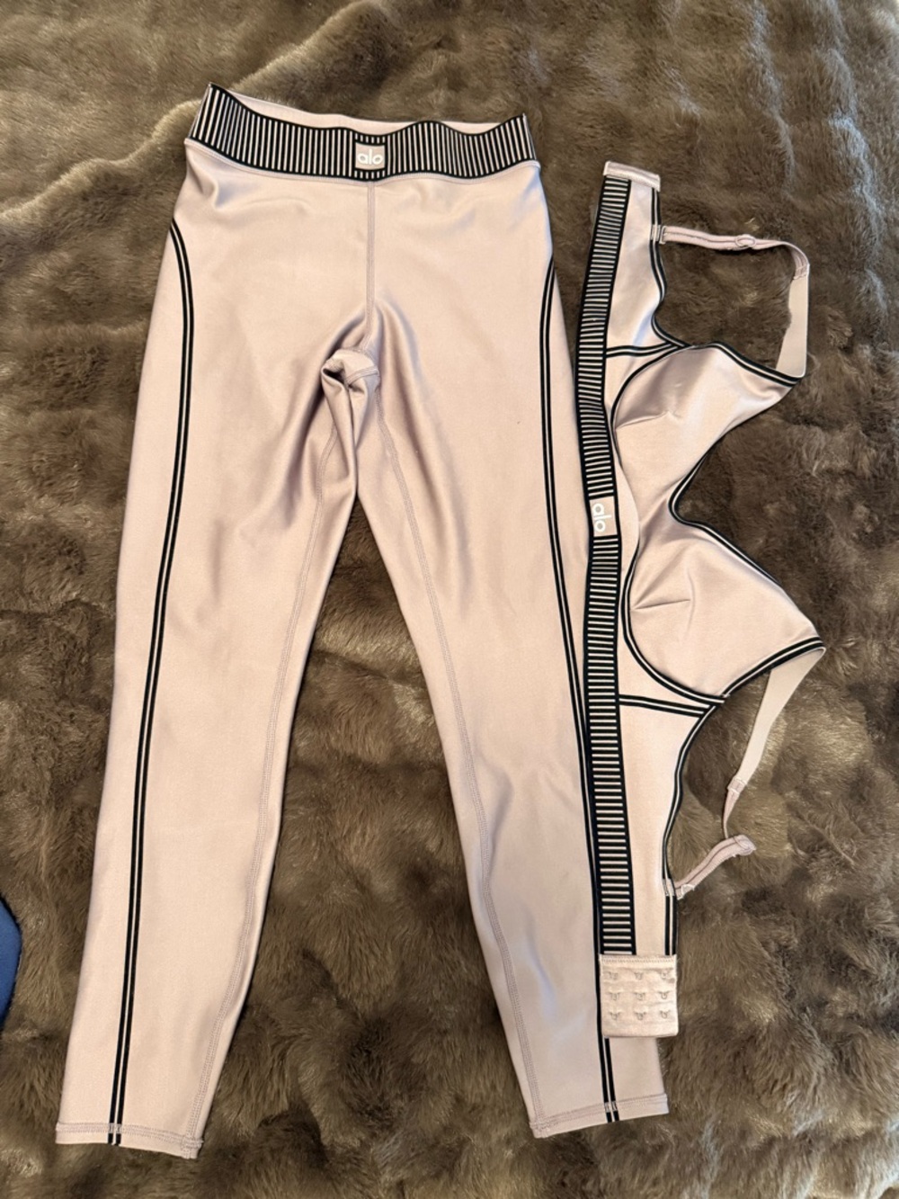 ALO Yoga Gray Active Bra & Legging Set with Black Stripe